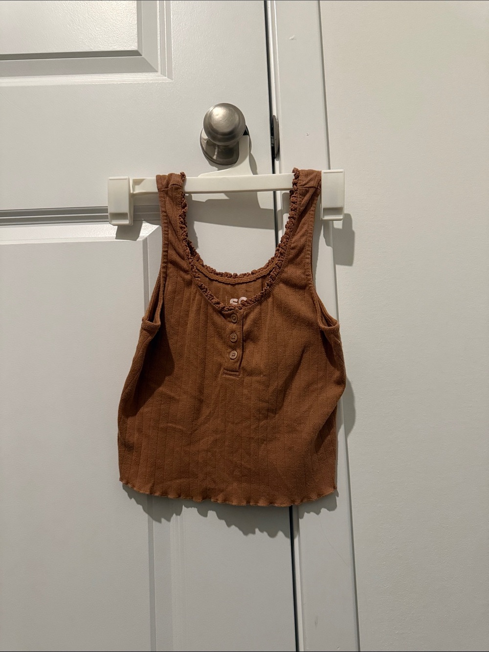 SO Ribbed Brown Henley Tank with Ruffle Trim